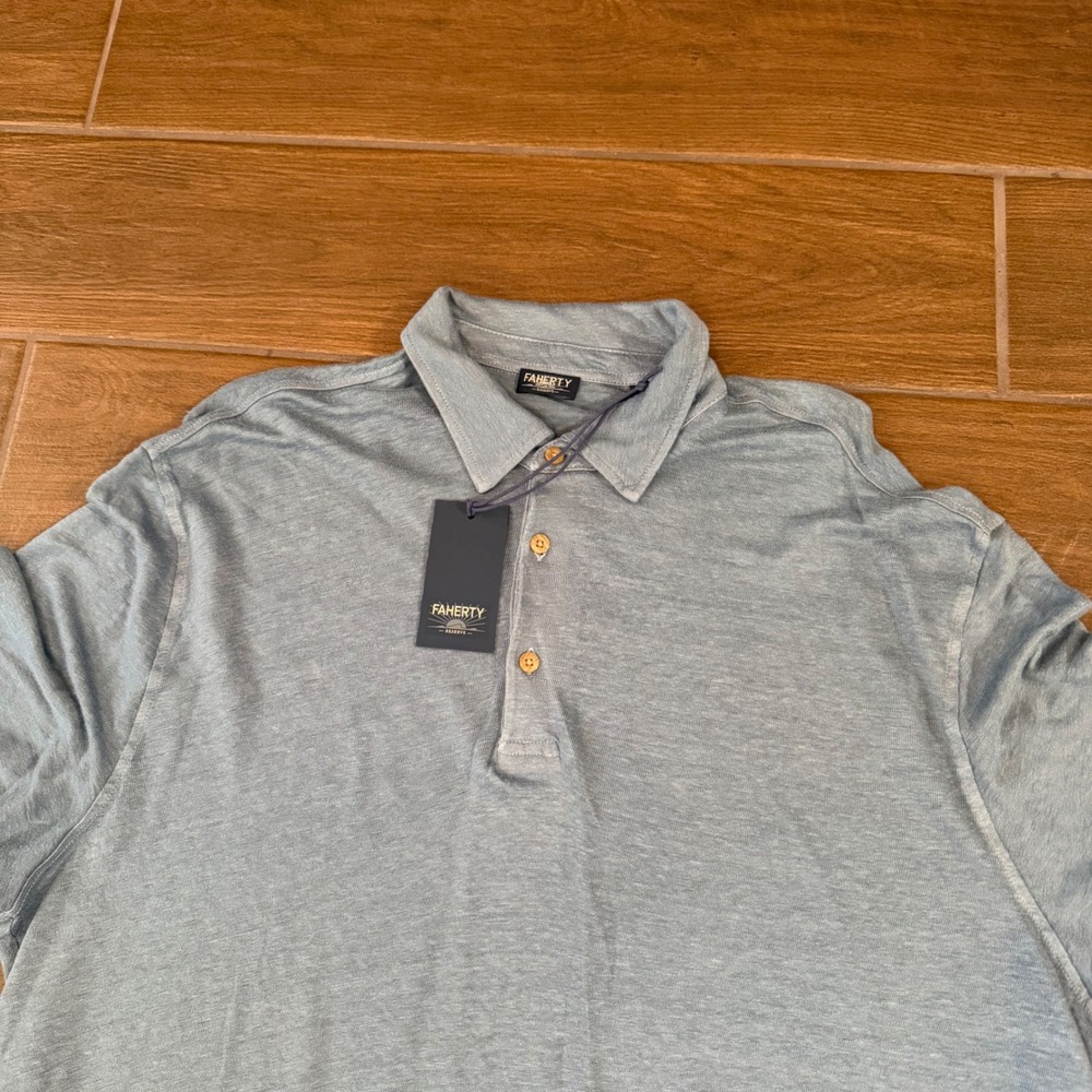 Faherty Reserve Men XL Blue 100% Linen Short Sleeve Polo Shirt NWT $168